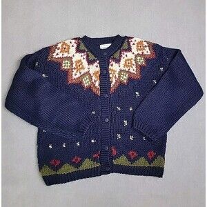 Vtg Jaime Scott Cardigan Sweater Womens S Blue Fair Isle Hand Knit Cottage Boho